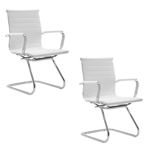 chairus Freischwinger Stühle 2er Set, PU-Leder Besucherstuhl Konferenzstuhl Ergonomisch mit Armlehnen, Bürostühle Konferenz-Raum/Wartezimmer/Büro,Weiß von chairus