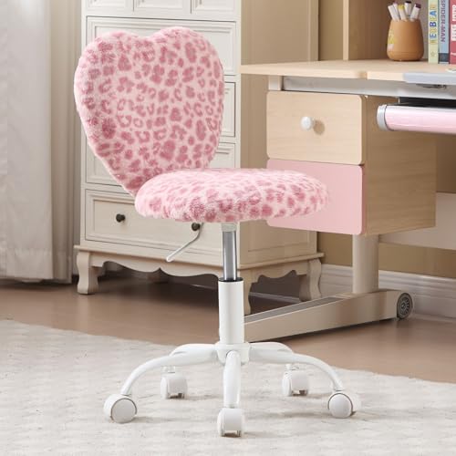 chairus Kinder Schreibtischstuhl aus Kunstfell Höhenverstellbarer Drehstuhl ohne Armlehnen Studienstuhl Computerstuhl mit Herzförmiger Rückenlehne, Rosa Leopard von chairus