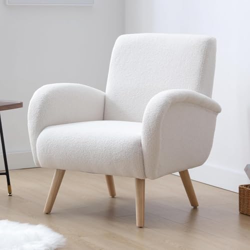 chairus Kunstfell Loungesessel Ohrensessel für Wohnzimmer Polstersessel Einzelsofa für Schlafzimmer Akzentstuhl Relaxsessel mit Holzbeinen (Weiß) von chairus