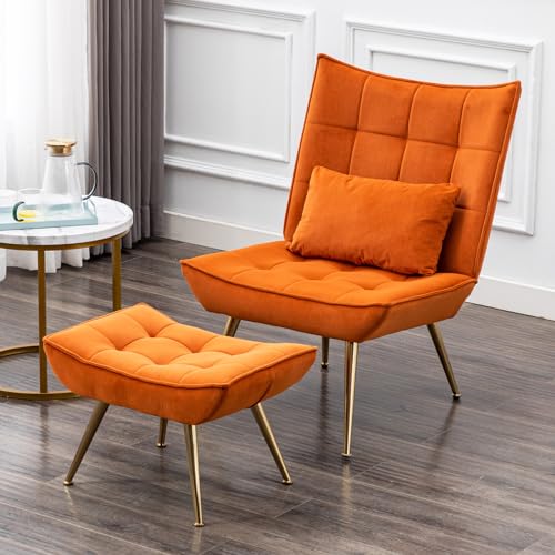 chairus Samt Loungesessel Relaxsessel mit Hocker Modern Polsterstuhl Fernsehsessel mit Lendenkissen Lesesessel für Wohnzimmer Balkon (Orange) von chairus