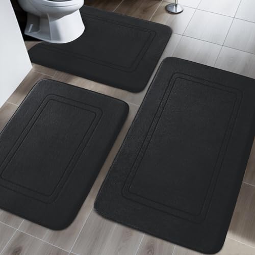 chakme Badezimmerteppich Set 3 Teilig, Weiche Memory-Schaum Badematte und U Förmige wc Vorleger, Badteppich rutschfest Waschbar Badvorleger Set Schwarz chakme Badezimmerteppich Set 3 Teilig, Weiche Memory-Schaum Badematte und U Förmige wc Vorleger, Badteppich rutschfest Waschbar Badvorleger Set Schwarz von chakme