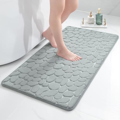 chakme Badematte Memoryschaum Badteppich Memory Foam Duschvorleger Saugfähige Badvorleger Badezimmerteppich Duschmatte Deko Fussmatte rutschfeste Matte für Badezimmer Wohnzimmer 60×120 cm, Hellgrau von chakme