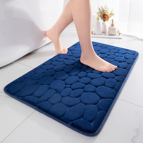 chakme Badematte Memoryschaum Badteppich Memory Foam Duschvorleger Saugfähige Badvorleger Badezimmerteppich Duschmatte Deko Fussmatte rutschfeste Matte für Badezimmer Wohnzimmer 60×90 cm, Dunkelblau von chakme