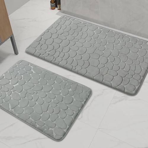 chakme Badezimmer Teppiche Sets 2 Stück, Cobblestone Memory Foam Badezimmer Matten Set dick, Anti-Rutsch-Badematten für Bad,absorbierend waschbar hellgrau Badteppiche für Wanne, WC und Boden von chakme
