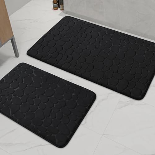 chakme Badezimmer Teppiche Sets 2 Stück, Cobblestone Memory Foam Badezimmer Matten Set dick, Anti-Rutsch-Badematten für Bad,absorbierend waschbar schwarz Badteppiche für Wanne, WC und Boden von chakme