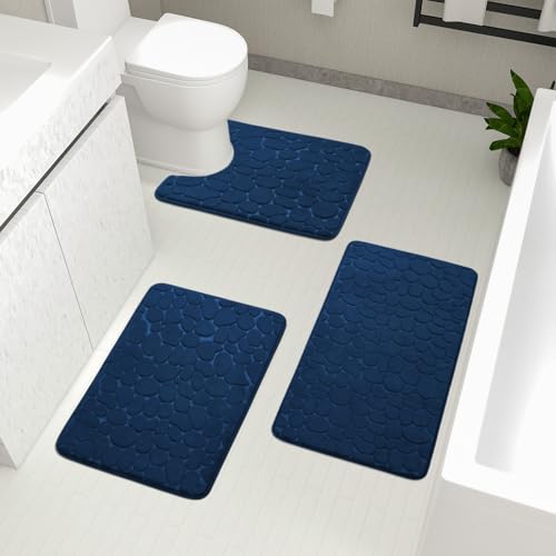 chakme Badezimmer Teppiche Sets 3 Stück, Cobblestone Memory Foam Badezimmer Matten Set dick, Anti-Rutsch-Badematten für Bad,absorbierend waschbar dunkelblau Badteppiche für Wanne, WC und Boden chakme Badezimmer Teppiche Sets 3 Stück, Cobblestone Memory Foam Badezimmer Matten Set dick, Anti-Rutsch-Badematten für Bad,absorbierend waschbar dunkelblau Badteppiche für Wanne, WC und Boden von chakme