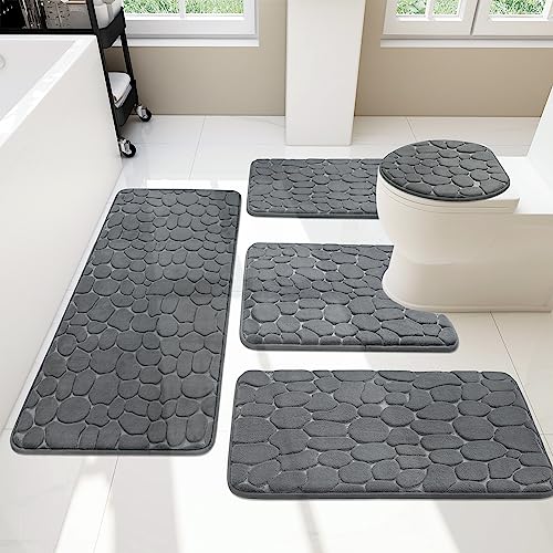 chakme Badezimmer Teppiche Sets 5 Stück, Cobblestone Memory Foam Badezimmer Matten Set dick, Anti-Rutsch-Badematten für Bad,absorbierend waschbar dunkelgrau Badteppiche für Wanne, WC und Boden von chakme