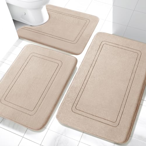 chakme Badezimmerteppich Set 3 Teilig, Weiche Badematte aus Memory-Schaum Badvorleger rutschfest Waschbar, Badezimmer Teppiche Set für Toilette Dusche und Badewanne Beige von chakme