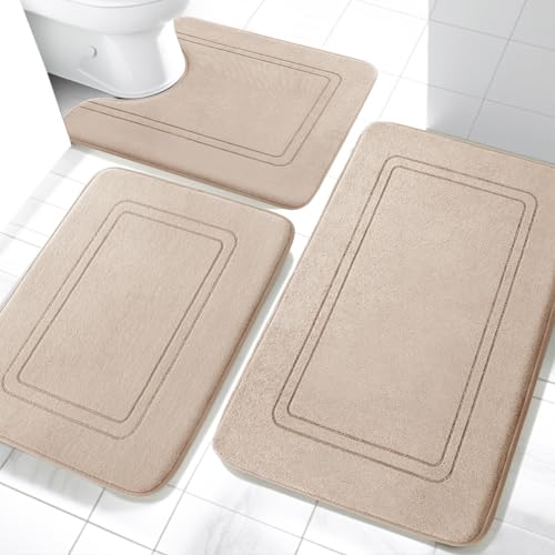 chakme Badezimmerteppich Set 3 Teilig, Weiche Memory-Schaum Badematte und U Förmige wc Vorleger, Badteppich rutschfest Waschbar Badvorleger Set Beige von chakme