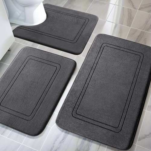 chakme Badezimmerteppich Set 3 Teilig, Weiche Memory-Schaum Badematte und U Förmige wc Vorleger, Badteppich rutschfest Waschbar Badvorleger Set Dunkelgrau von chakme