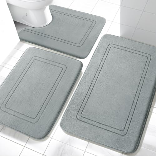 chakme Badezimmerteppich Set 3 Teilig, Weiche Badematte aus Memory-Schaum Badvorleger rutschfest Waschbar, Badezimmer Teppiche Set für Toilette Dusche und Badewanne Grau von chakme