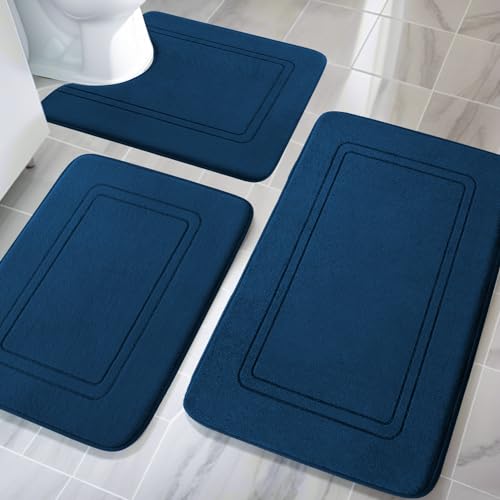 chakme Badezimmerteppich Set 3 Teilig, Weiche Memory-Schaum Badematte und U Förmige wc Vorleger, Badteppich rutschfest Waschbar Badvorleger Set Navy blau chakme Badezimmerteppich Set 3 Teilig, Weiche Memory-Schaum Badematte und U Förmige wc Vorleger, Badteppich rutschfest Waschbar Badvorleger Set Navy blau von chakme
