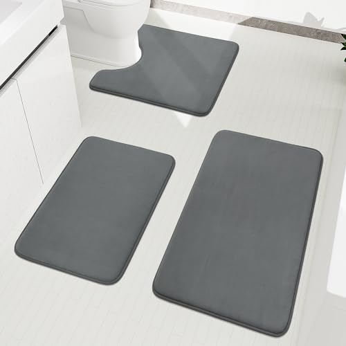 chakme Badezimmerteppich Set 3 teilig, Memory Foam Badematte, absorbierende weiche Badteppich rutschfest waschbar, Bademattenset für Waschbecken, Badewannen, Duschen und Toiletten, Anthrazit von chakme