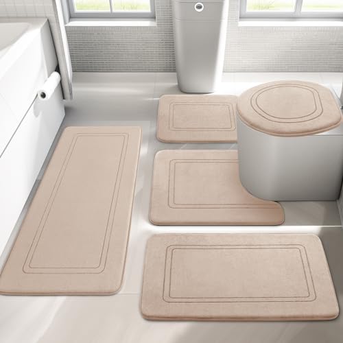 chakme Badezimmerteppich Set 5 Teilig, Weiche Badematte aus Memory-Schaum Badvorleger rutschfest Waschbar, Badezimmer Teppiche Set für Toilette Dusche und Badewanne Beige von chakme