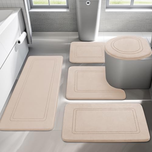 chakme Badezimmerteppich Set 5 Teilig, Weiche Memory-Schaum Badematte und U Förmige wc Vorleger, Badteppich rutschfest Waschbar Badvorleger Set Beige von chakme