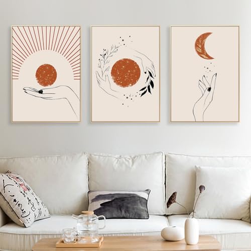 3-teiliges Poster Set, Boho Deko Bilder Wandbilder Moderne Abstrakt Kunst Sonne Mond Leinwandbild Beige Wanddeko Wohnzimmer Schlafzimmer, Ohne Rahmen (21x30 cm,Boho) von champracer