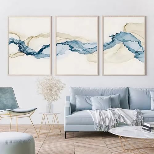 3er Poster Set Leinwand Wandkunst Malerei Blau Abstrakt Wandbilder Wohnzimmer Bilder Kunst Line Bilder Ohne Rahmen Poster für Wohnzimmer, Ohne Rahmen (50 * 70cm) von champracer