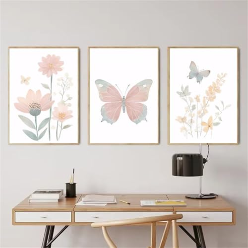 3er Set Poster Kinderzimmer, Kinderpost Bilder Blumen Boho, Niedliche Blume Schmetterling Bilder Babyzimmer Kinderzimmer Mädchen, Rosa Deko Aesthetic Leinwand Poster & Kunstdrucke (30x40 cm) von champracer