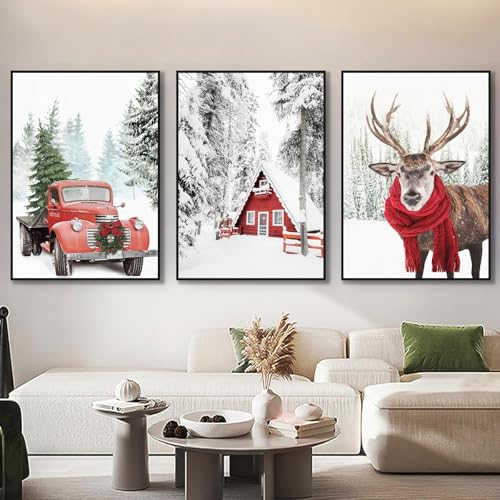 3er Weihnachts-Poster Set, Moderne Winter Schneelandschaft Wandbilder, Winter Poster Elch Holzhaus Auto, Wald Wandkunst, Schlafzimmer Wanddeko, Ohne Rahmen (40x50 cm,Weihnachts) von champracer