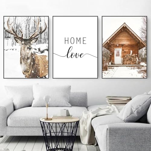 3er Weihnachts-Poster Set, Winter-Schneelandschaft Elch Holzhaus Bilder, Deko für Wohnzimmer Schlafzimmer Büro Flur Wanddeko Kunst, Ohne Rahmen (21x30 cm) von champracer