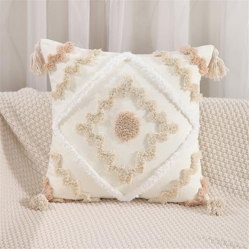 Boho Kissen, Kissenbezug Boho, Couch Polster, Dekokissen Beige Geometrisch Getuftet Kissenbezug Mit Tassel, 3D Plüsch Kissen Deko Schlafzimmer Für Auto Lendenkissen Nachttischkissen (#03-45x45cm) von champracer