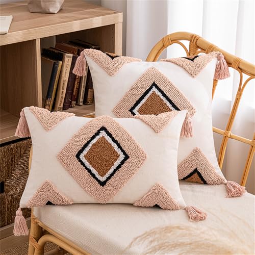 Boho Kissenbezug, Boho Kissen Rosa Beige Bunt Kissenbezug, 3D Muster Stuhlauflage Plüsch Kissenhüllen Weich Flauschig Mit Quasten, Moderne Geometrisches Beige Boho Deko Kisse (#07, 45x45 cm) von champracer