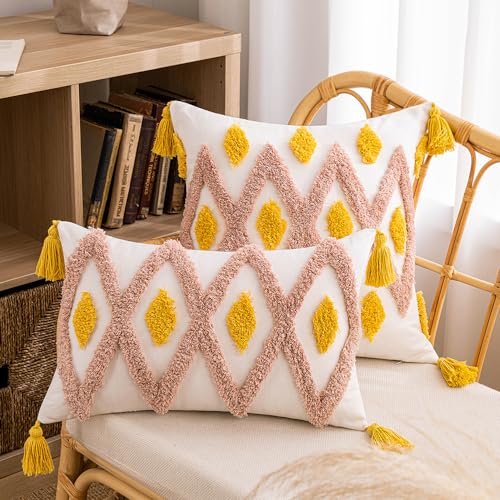 Boho Kissenbezug, Boho Kissen Rosa Beige Bunt Kissenbezug, 3D Muster Stuhlauflage Plüsch Kissenhüllen Weich Flauschig Mit Quasten, Moderne Geometrisches Beige Boho Deko Kisse (#08, 30x50 cm) von champracer