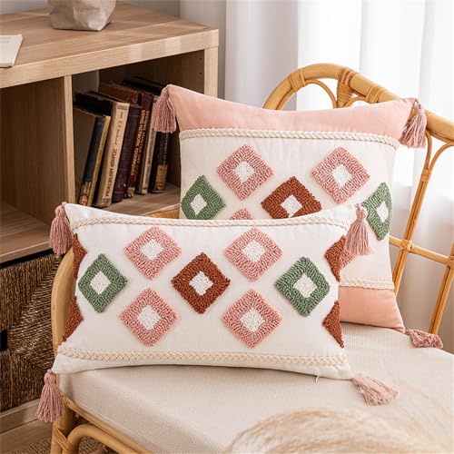 Boho Kissenbezug, Boho Kissen Rosa Beige Bunt Kissenbezug, 3D Muster Stuhlauflage Plüsch Kissenhüllen Weich Flauschig Mit Quasten, Moderne Geometrisches Beige Boho Deko Kisse (#09, 45x45 cm) von champracer
