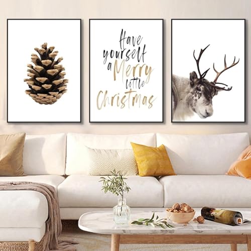 Moderne Premium Poster 3er Set, Schlafzimmer Wandbilder, Winter Poster Hirsche Elch Tannenzapfen, Wandkunst für Wohnkultur, Bilder Wohnzimmer Deko, Ohne Rahmen (30x40 cm,Weihnachts) von champracer