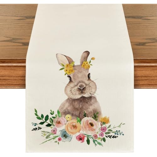 Tischläufer Ostern Hase, Leinen, 33x180 cm Frühling Modern Blumen Tischläufer zu Ostern Esstisch Dekoration Waschbar Oster Party Dekor (Beige) von champracer