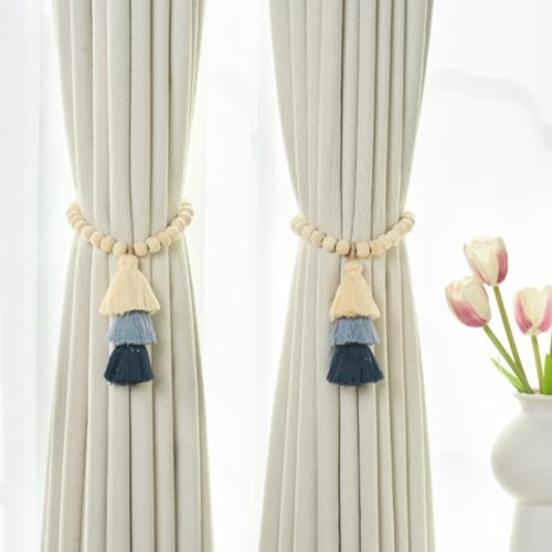 Vorhang Raffhalter Magnetische,Vorhang Raffhalte Regenbogen Boho Vorhanghalter, 2 Stück Regenbogen Quasten Gardinenhalter mit Holzperle, Vorhang-Raffhalter magnetische (Holzperle dunkelblau) von champracer