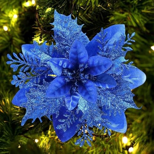 champracer 20 Stück Weihnachten Glitzer Weihnachtsstern Blumen mit Clips,Glitter Weihnachtsbaum Dekoration, Poinsettia Weihnachtsblume Glitzernde für Weihnachtsbaum Dekorationen (blau) von champracer