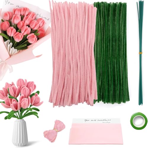 champracer 200 Stück Rosa Tulpe Blumenstrauß Pfeifenreiniger, Pfeifenputzer Bunt, 2 Farben Pfeifenputzer zum Basteln, DIY Geschenke für Basteln Handwerk (Makkaron-Rosa) von champracer