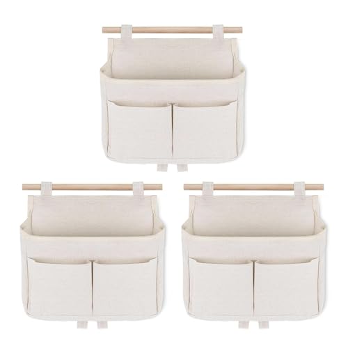 champracer 3 Stück Hängende Aufbewahrungstasche Hängend Hohe Kapazität Wand Organizer Hängend, 3 Fächer Leinen Stoff Organizer Hängend mit Haken für Kinderzimmer, Zuhause, Schlafsaal, Bad (Beige) von champracer