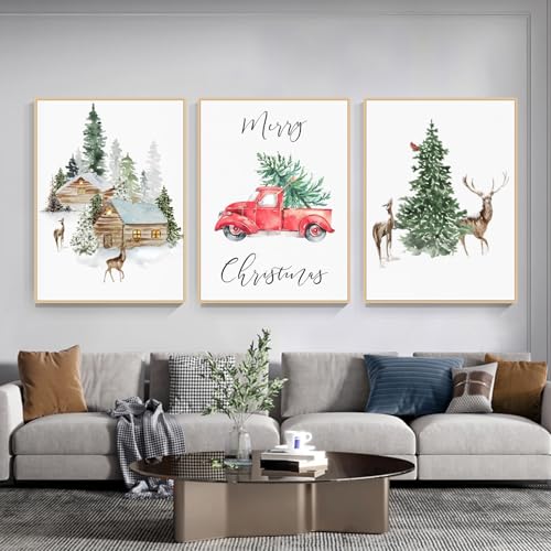champracer 3er Poster Set Moderne Winter Schneelandschaft Wandbilder Bilder, Elch, Holzhaus, Wald Wandkunst Wandbilder Modern Wanddeko für Wohnkultur, Ohne Rahmen (40 x 50 cm,Elch) von champracer