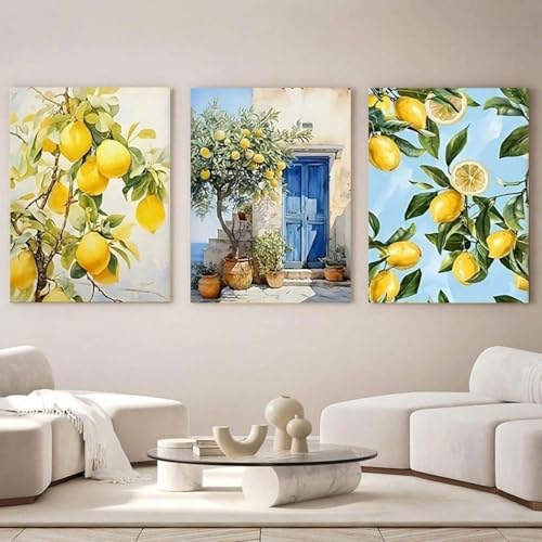 champracer 3er Poster Set Sommer Zitrone Wandbilder Wohnzimmer Modern Wandbilder Wanddeko Aesthetic Deko Leinwand Bilder Wanddeko Bilder Set für Wohnzimmer Schlafzimmer, Ohne Rahmen (50 * 70cm) von champracer