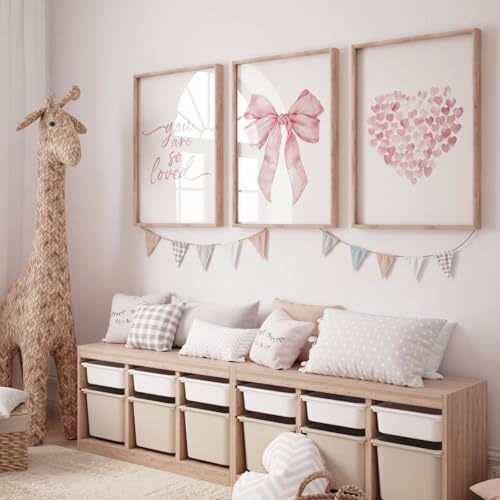 champracer 3er Rosa Poster Set Poster Aesthetic Ästhetisches rosa Herz-Schleifen-Muster Leinwand Wandkunst Mädchen Zimmer Deko Ohne Rahmen (50 * 70cm,B) von champracer