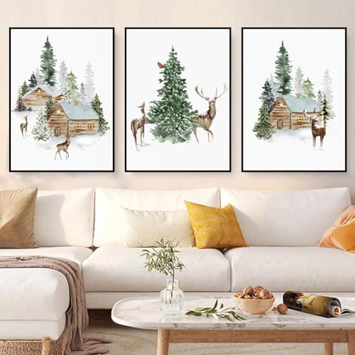 champracer 3er Weihnachts-Poster Set, Wald Wandkunst Wandbilder Modern Winter Bilder, Elch, Holzhaus, Ohne Rahmen Print Kunstposter Ohne Rahmen Gemälde, Wandkunst, Elch (30 x 40 cm,Elch) von champracer