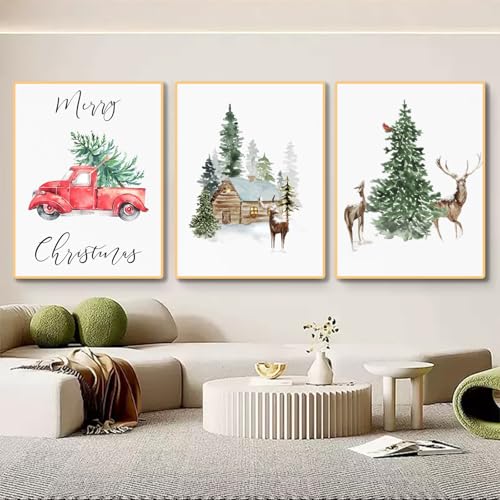 champracer 3er Weihnachts-Poster Set, Winter Bilder, Elch, Holzhaus, Rote Weihnachten Boho Bilder Set, Ohne Rahmen Print Kunstposter, Ohne Rahmen Print Kunstposter (30 x 40 cm,Elch) von champracer
