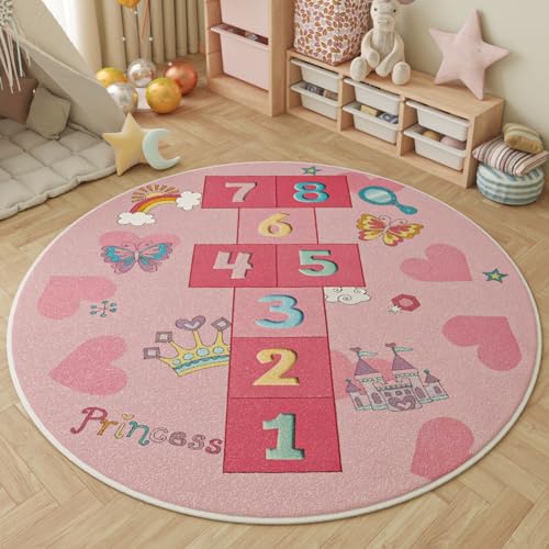 champracer Kinderteppich, Weich Waschbare Teppich Rund Kurzflor Wildtiere Teppiche Teppich-Traum Kinderzimmer Teppich Baby Spielteppich (Rosa Himmel und Hölle,100 * 100cm) von champracer