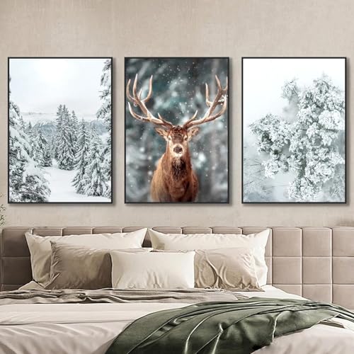 champracer Poster Winter Bilder Wohnzimmer 3er Set, Ohne Rahmen Moderne Wandbilder Poster Anwendbar für Wohnzimmer Schlafzimmer Winter Bilder, Elch, Wald Wandkunst (50x70 cm) von champracer