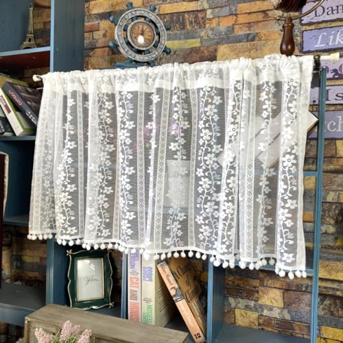 champracer Scheibengardine Küchenvorhang Baumwolle Hohl Boho Kurze Vorhang Stickerei Scheibengardine Landhausstil Bistrogardine Spitzen Vorhänge Halbtransparent Vorhang (150 x 60cm) von champracer