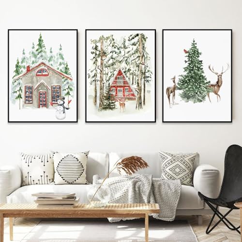 champracer Winter-Schneelandschaft,3er Weihnachts-Poster Set,Wald Wandkunst Wandbilder Modern,Rote Weihnachten Boho Bilder Set, Ohne Rahmen Print Kunstposter Ohne Rahmen (40 x 50 cm,Elch) von champracer