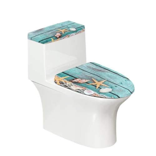 chaqlin 2 Pack WC Deckel Abdeckung Set Holz Strand Seestern Print Badezimmer WC Sitz Deckel Schutz Staubschutz Tank Deckel Abdeckung Kappe Set Badezimmer Zubehör Waschbar WC Tank Deckel Abdeckungen von chaqlin