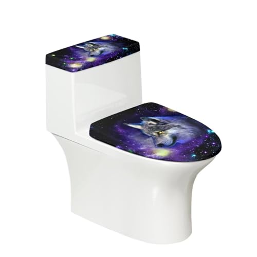 chaqlin Galaxy Blue Wolf WC Sitzbezüge Set 2 Stück Badezimmer Zubehör Tier Wolf Print Toilettendeckel Abdeckung und WC Tank Deckel Abdeckung Set Stretch WC Tanks Deckel Schutztaschen von chaqlin