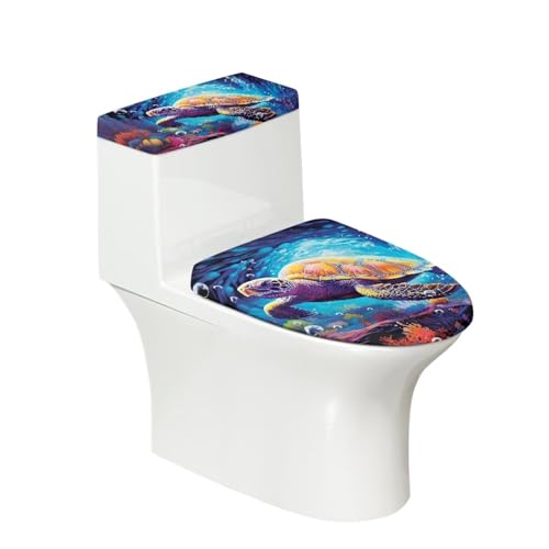 chaqlin Ocean Sea Turtle WC-Sitzbezug-Set für Badezimmer, Stretch-WC-Deckelbezug und WC-Tankdeckelbezug-Set, Tierdruck, Staubschutz für WC-Sitz, langlebig, 2 Stück von chaqlin