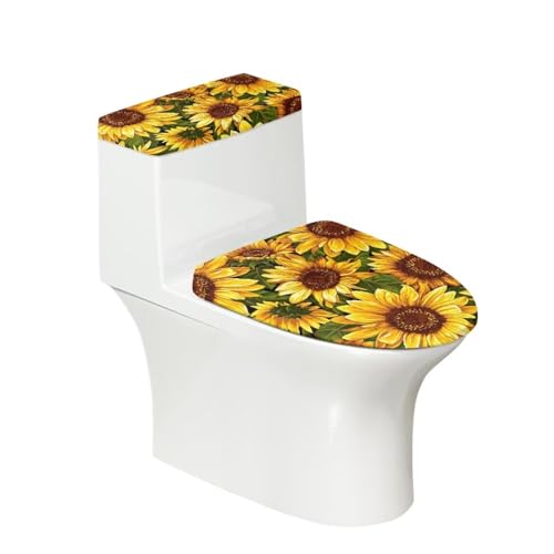 chaqlin Sunflower WC-Sitzbezug-Set, 2-teilig, Vintage-Sonnenblumen-WC-Deckelbezug und WC-Tankdeckelbezug-Set, Stretch-Toilettensitz-Schutzbezüge, rund, passend für die meisten Toilettentanks und von chaqlin
