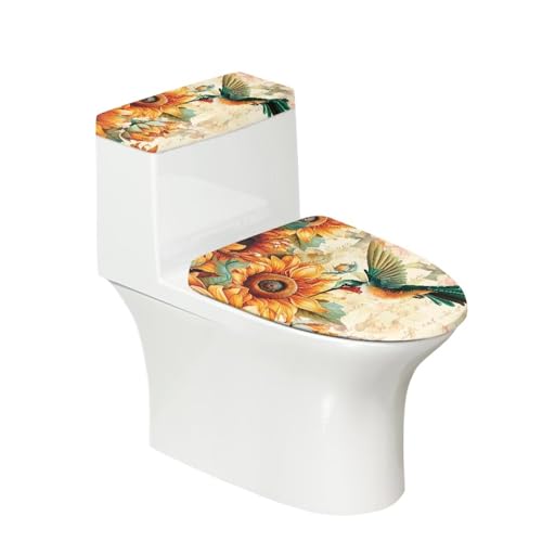 chaqlin Toilettendeckel-Set mit Kolibri-Sonnenblumen-Motiv, für Badezimmer, 2 Stück, WC-Deckelbezug, Tankdeckel, Staubschutz, waschbar, WC-Deckel-Set mit elastischer Unterseite, passend für die von chaqlin