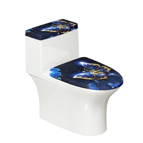 chaqlin Toilettendeckel-Set mit neonblauem Schmetterlingsmotiv für Badezimmer, 2 Stück, WC-Deckelbezug, Tankdeckel, Staubschutz, waschbar, WC-Deckel-Set mit elastischem Boden, passend für die meisten von chaqlin