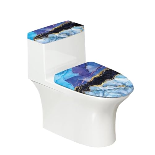 chaqlin Toilettensitzbezug-Set mit Marmor-Druck, 2 Stück, blaue Marmor-Textur, WC-Deckelbezüge und Tankabdeckungs-Set für Badezimmer, passend für die meisten WC-Tanks und -deckel von chaqlin